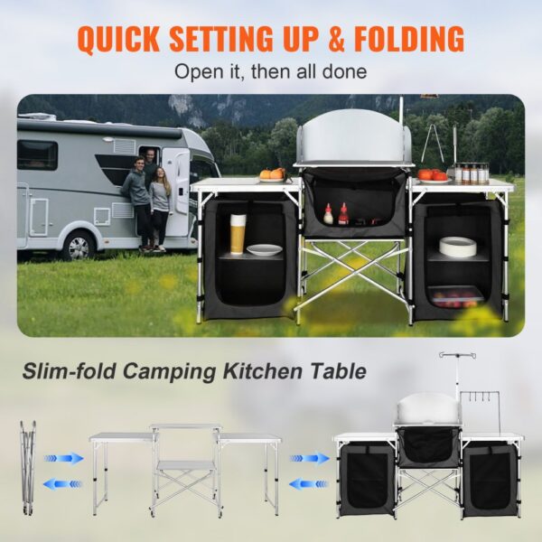 VEVOR Camping-Küchentisch, Aluminium-Kochstation mit 3 Schränken und Abnehmbarer Windschutzscheibe, Grill usw. – Bild 3