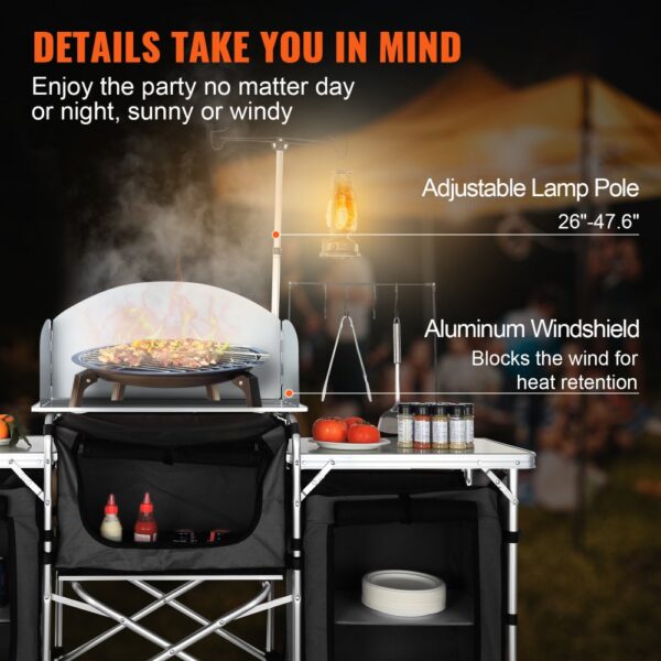 VEVOR Camping-Küchentisch, Aluminium-Kochstation mit 3 Schränken und Abnehmbarer Windschutzscheibe, Grill usw. – Bild 5