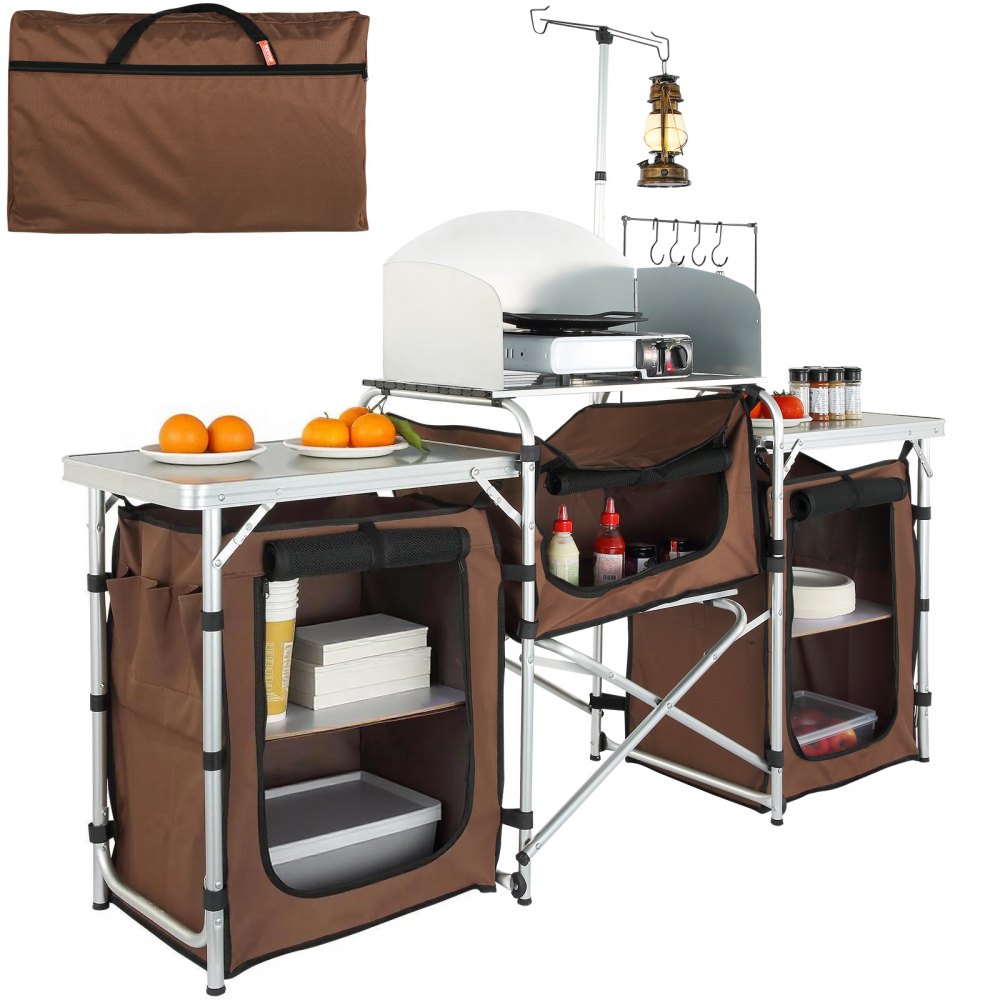 VEVOR Campingküche Campingschrank 174 x 176 x 46 cm, Tischküche mit Lampenmast & Haken Reiseküche
