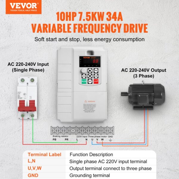 VEVOR Frequenzumrichter, 7,5 kW, 34 A, 10 PS, 1-phasiger 220-V-Eingang auf 3-phasigen 220-V-Ausgang – Bild 2
